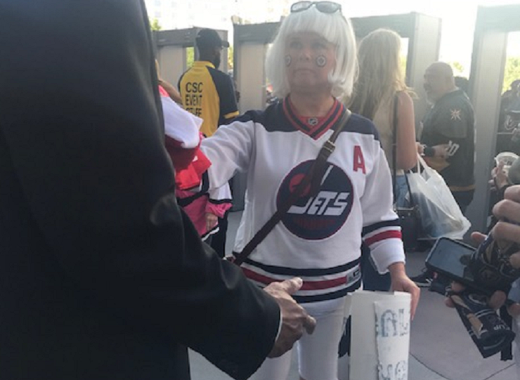 Security at the Las Vegas arena confiscated posters and flags from Winnipeg Jets fans ahead of Game 4. 