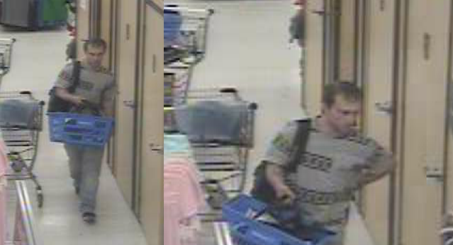 Surveillance footage of a man suspected of stealing razors and other goods from a local Walmart.