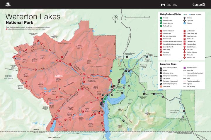 A significant portion (in red) of Waterton Lakes National Park will be off limits to visitors in 2018, because of damage from the Kenow fire.
