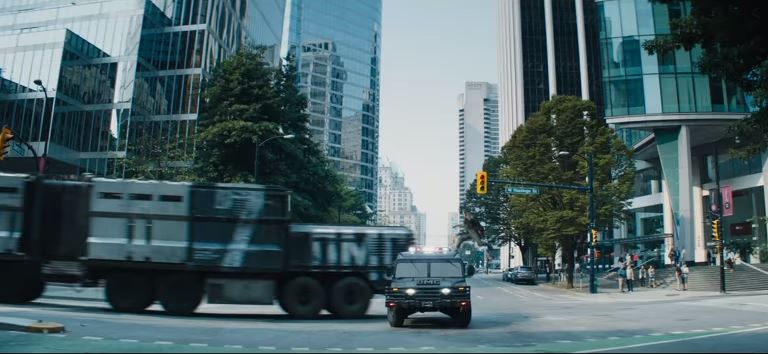Josh Brolin’s character Cable faces an armoured vehicle on West Hastings Street in Downtown Vancouver in Deadpool 2.