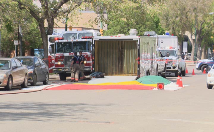 Saskatoon Fire Department officials said the unknown powdery substance – later found to be sugar - was on the ground outside city hall. 