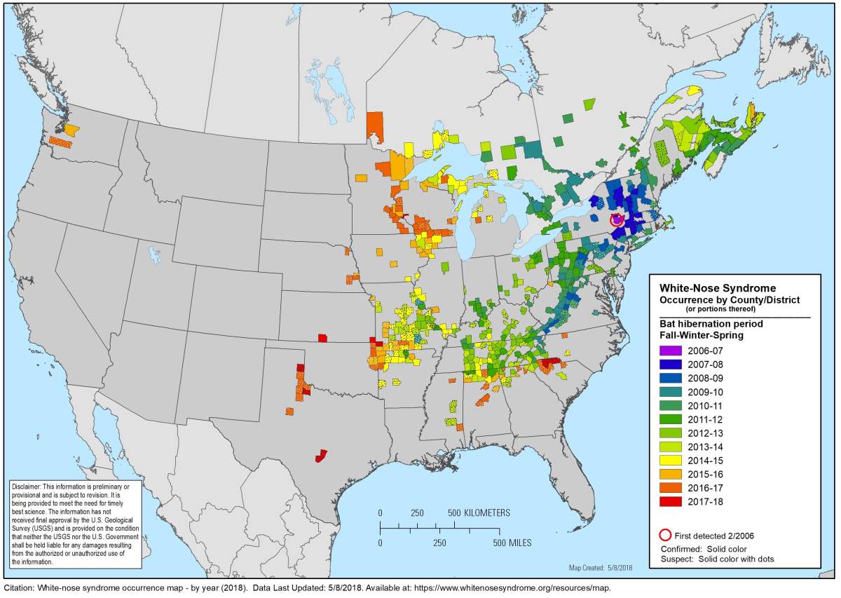 A map showing known cases of white-nose syndrome.