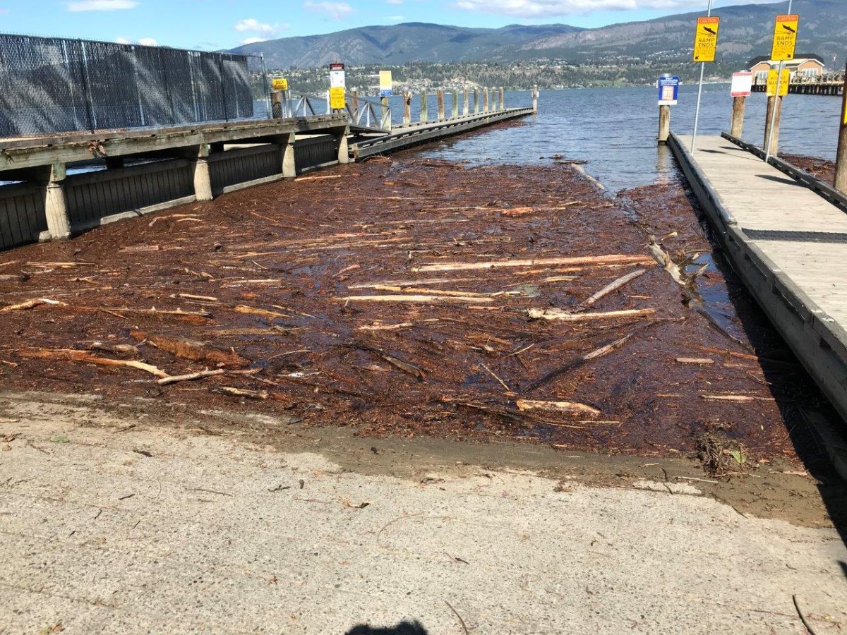 Wood debris and sand from spring run-off clog a Kelowna boat launch. 