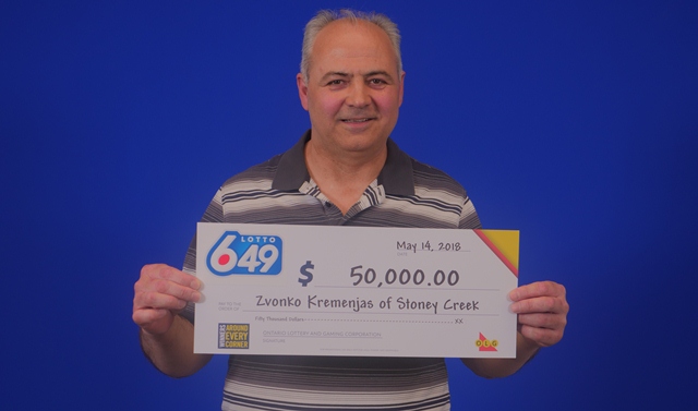 Zvonko Kremenjas of Stoney Creek is celebrating after winning $50,000 in the April 28, 2018 LOTTO 6/49 draw. 