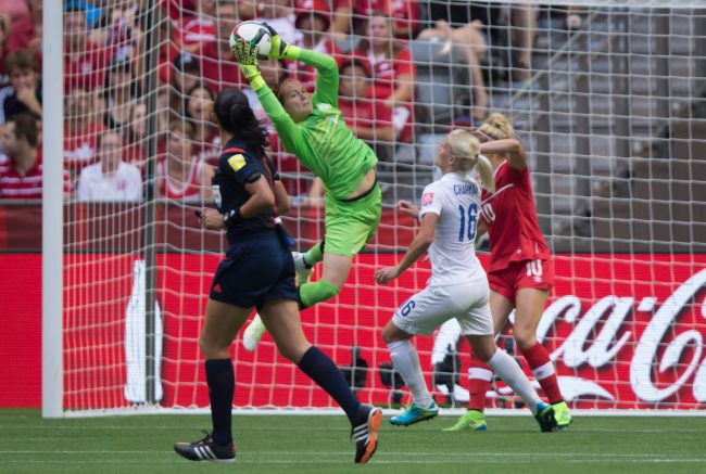 Canada goalkeeper Erin McLeod makes a save during FIFA Women’s World Cup quarter-final soccer action in Vancouver, B.C., June 27, 2015.