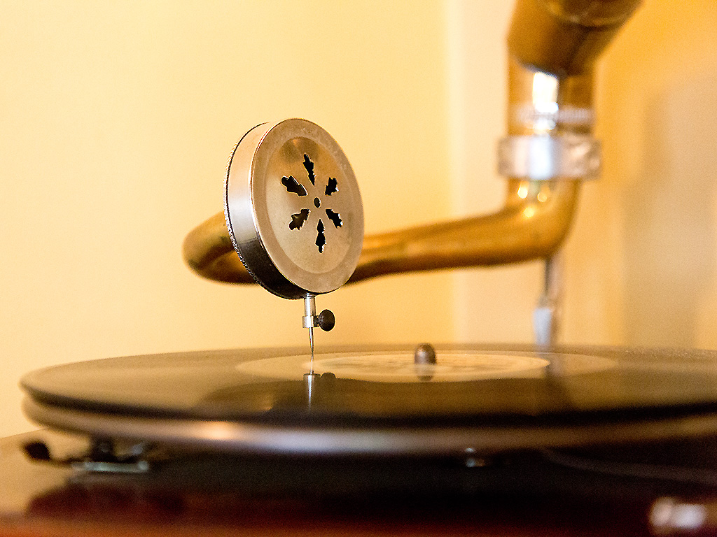A gramophone plays an old record.