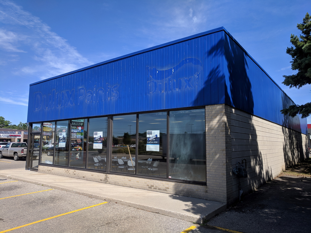 In early April, Ontario announced that this former paint store in Guelph would become a legal cannabis store. But little progress has been seen since then.