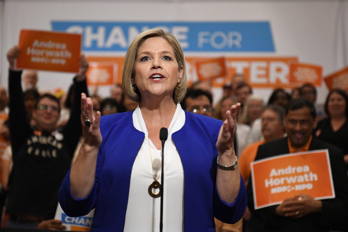 Provincial NDP leader Andrea Horwath speaks to media after an NDP rally in Toronto, Sunday, June 3, 2018. She will be visiting Peterborough on Tuesday.
