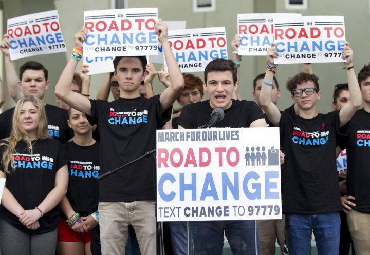Cameron Kasky, center, speaks during a news conference, Monday, June 4, 2018, in Parkland, Fla. 