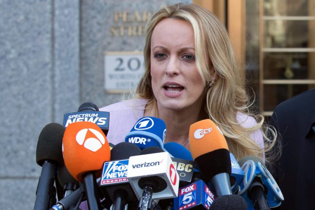 Adult film actress Stormy Daniels speaks outside federal court in New York.