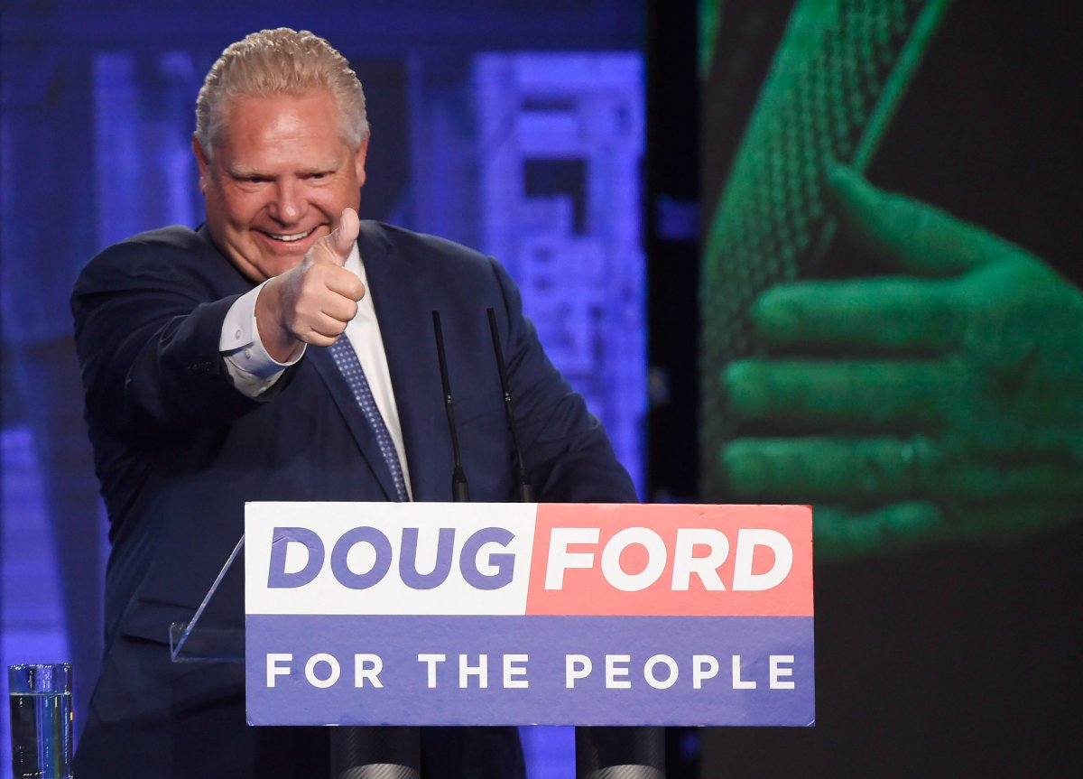Ontario PC leader Doug Ford reacts after winning the Ontario Provincial election to become the new premier in Toronto, on Thursday, June 7, 2018. THE CANADIAN PRESS/Nathan Denette.