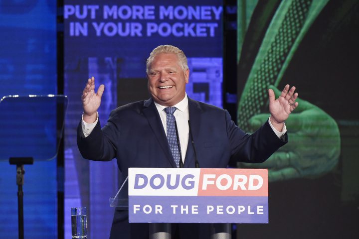 Ontario PC Leader Doug Ford reacts after winning the Ontario provincial election to become the new premier in Toronto, on Thursday, June 7, 2018. 