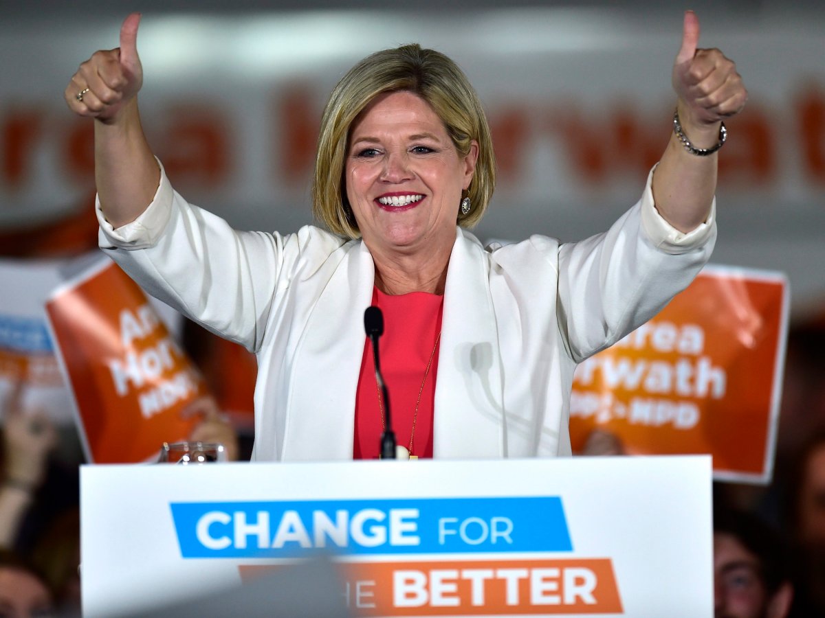 Ontario NDP leader Andrea Horwath arrives at her Ontario provincial election night headquarters in Hamilton, Ontario on Thursday, June 7, 2018. Horwath appeared tantalizingly close to the Ontario premier's office — a prize that proved elusive once again on Thursday for the veteran politician who has led the provincial New Democrats for almost a decade. 