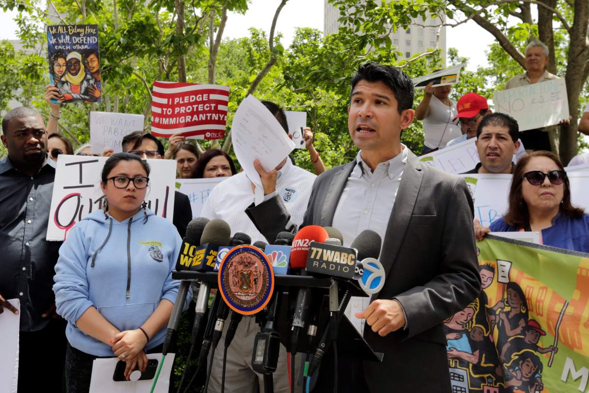 New York City Council Member Carlos Menchaca, Chair of the council’s Immigration Committee, speaks at a news conference about Ecuadorean restaurant worker Pablo Villavicencio, outside the offices of the Immigration and Customs Enforcement, in New York, Friday, June 8, 2018. Villavicencio, who was making a delivery to an Army garrison in Brooklyn, N.Y., wound up being detained June 1 after a routine background check at the gate revealed there was a warrant for his arrest for immigration law violations, officials said.