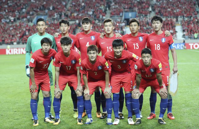 The South Korean soccer team seen in Aug. 31, 2017. South Korea's coach said he got his players to swap jersey numbers in training to throw off a watching Swedish spy.



