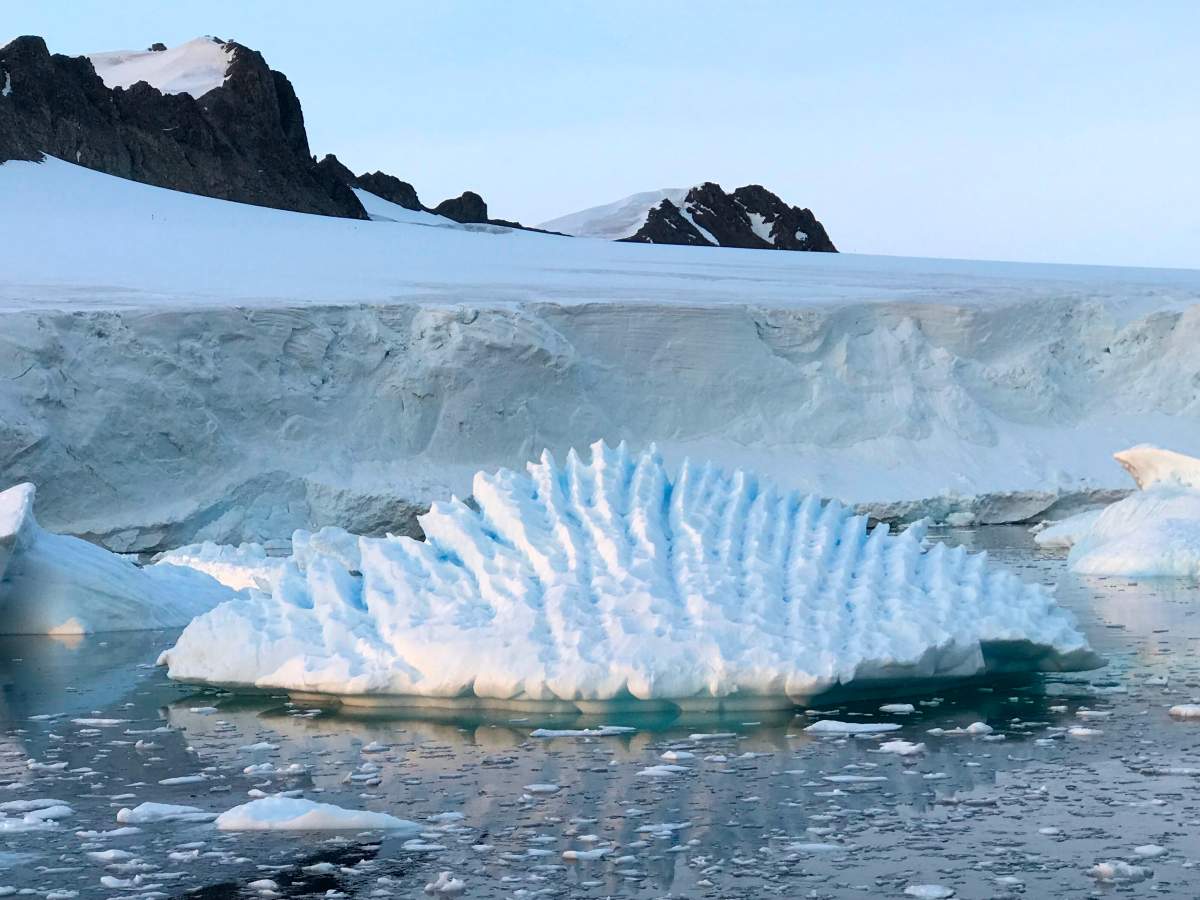 This January 2018 photo provided by researcher Andrew Shepherd shows an unusual iceberg near the Rothera Research Station on the Antarctic Peninsula. In 2018, an international team of ice experts said the melting of Antarctica is accelerating at an alarming rate, with about 3 trillion tons of ice disappearing since 1992.