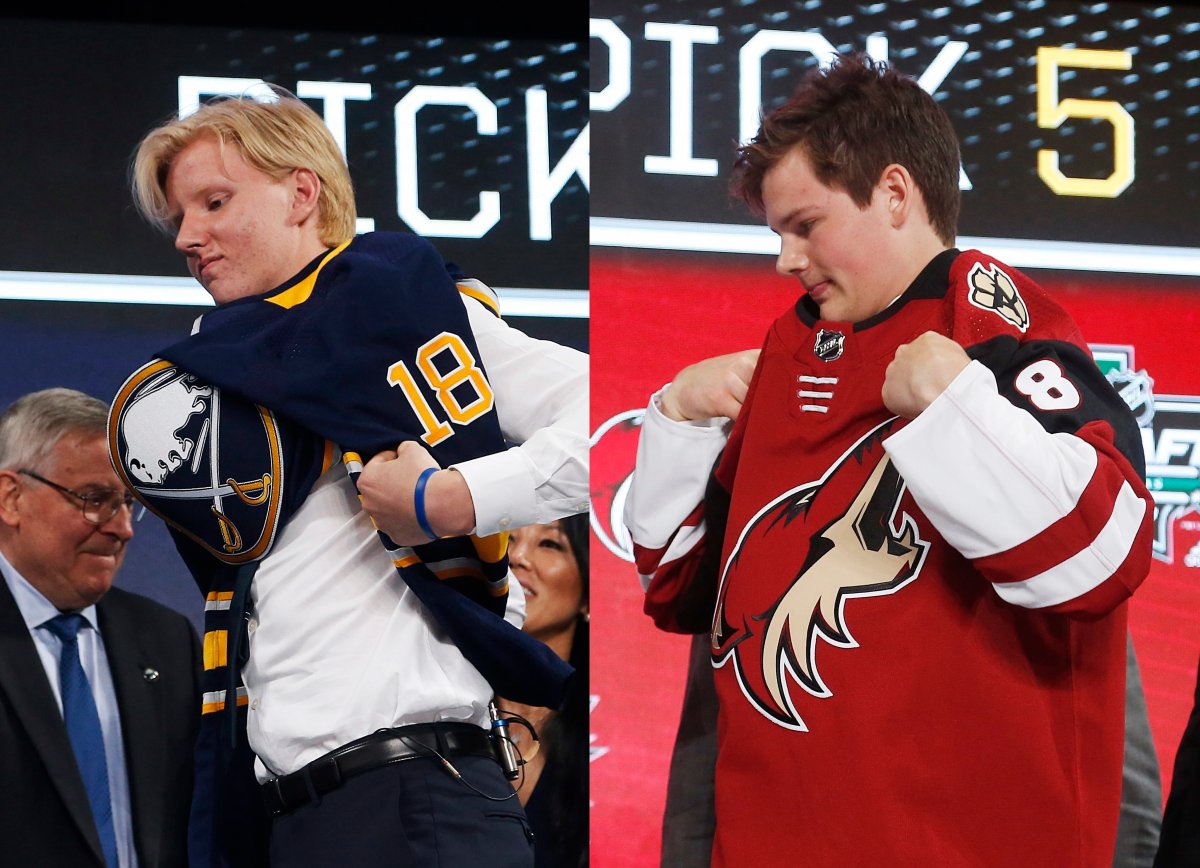 Compilation: Rasmus Dahlin, of Sweden, puts on a Buffalo Sabres jersey 
and Barrett Hayton, of Canada, puts on a Arizona Coyotes jersey  at the 2018 NHL Draft in Dallas, TX. 