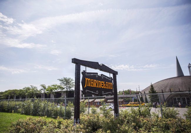 A sign for Marineland is shown in Niagara Falls, Ont., Aug. 14, 2017. 

