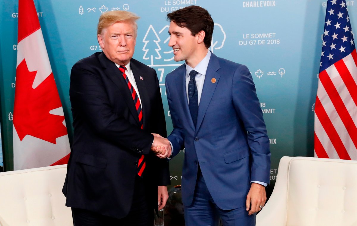 U.S. President Donald Trump shakes hands with Canada’s Prime Minister Justin Trudeau in a bilateral meeting at the G7 Summit in in Charlevoix, Quebec, Canada, June 8, 2018.