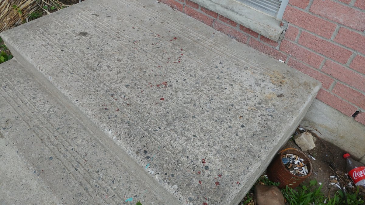 Blood spatter on the steps of a condo at 1443 Huron St following a late night shooting.