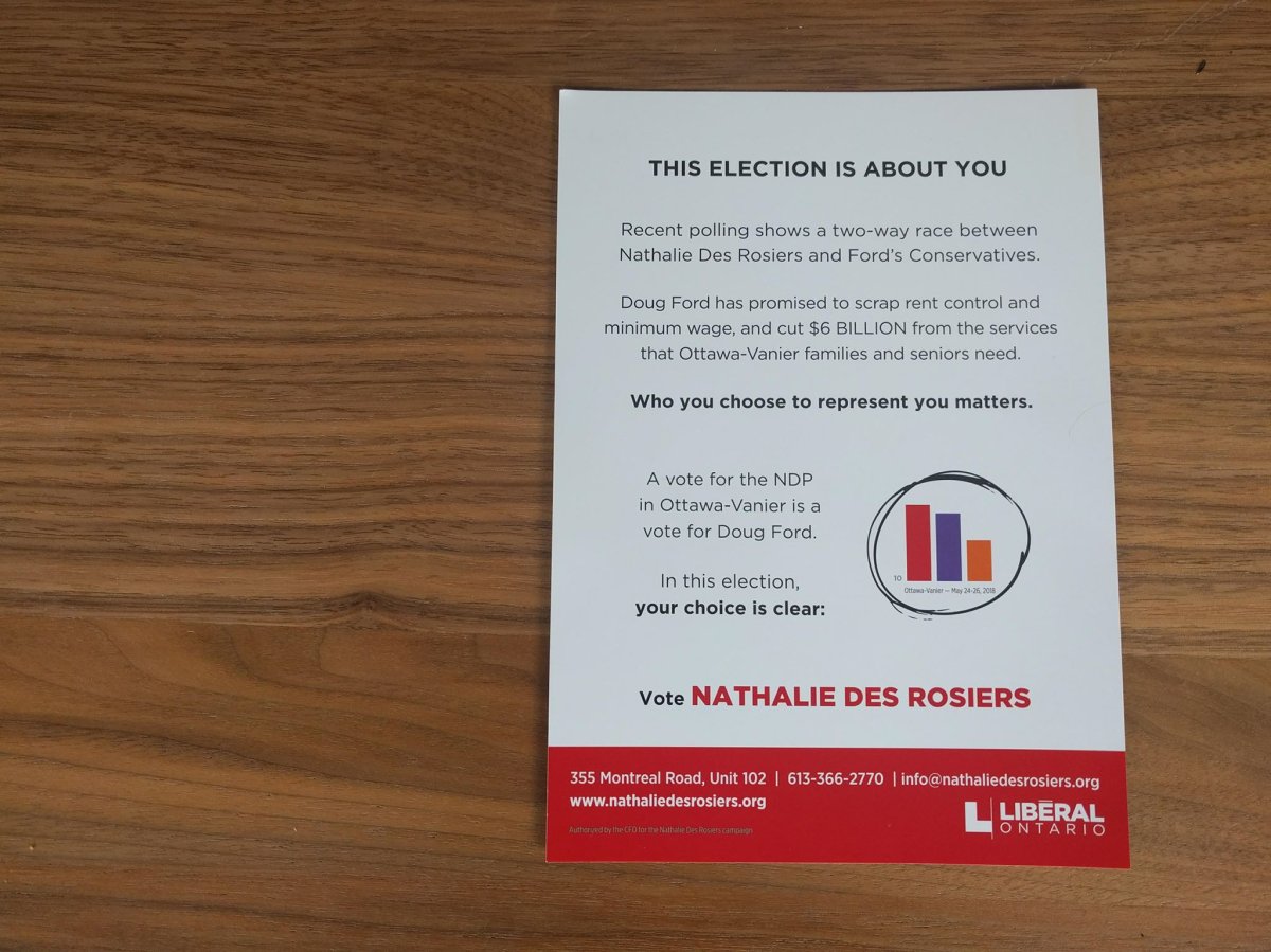 Nathalie Des Rosiers, the Liberal incumbent in Ottawa-Vanier, suggested to voters in a recently-distributed flyer that casting their ballots for the NDP in the Ontario election would be the same as a vote for PC Leader Doug Ford.