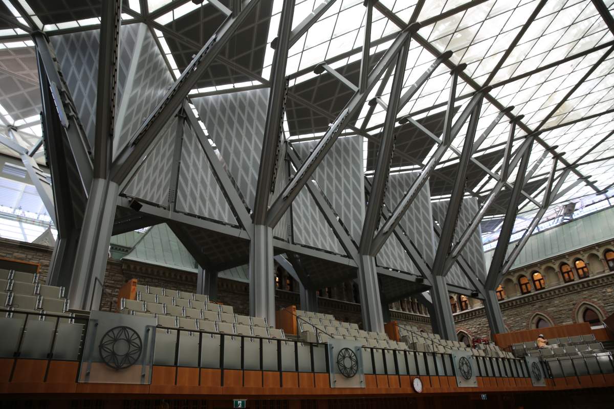 Neo-gothic arches in the new West Block are eye-catching and blend into the original Parliament architecture. They also serve an important purpose. The self-contained structure holds up the glass ceiling, so there is no pressure on the original West Block building. The square footage of the West Block was actually doubled during construction through excavation and adding floors below ground. The equivalent of 28 Olympic swimming pools of bedrock were excavated from the site.