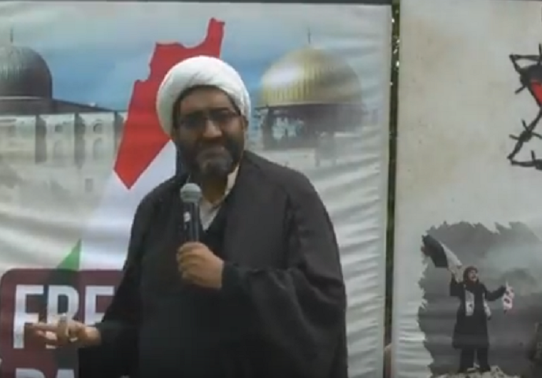 Sheikh Shafiq Hudda, director of the Islamic Humanitarian Service, is pictured in this screenshot giving a speech at a Quds Day rally in Toronto on June 9 where he called for the "eradication" of the state of Israel.