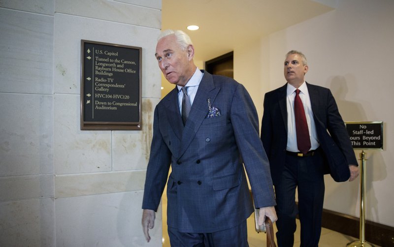 FILE - In this Sept. 26, 2017, file photo, longtime Donald Trump associate Roger Stone arrives to testify before the House Intelligence Committee, on Capitol Hill in Washington. 

