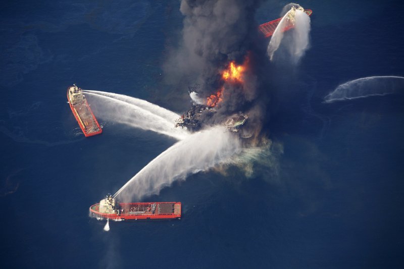 FILE - In this April 21, 2010, file photo, the Deepwater Horizon oil rig burns in the Gulf of Mexico following an explosion that killed 11 workers and caused the worst offshore oil spill in the nation’s history. 