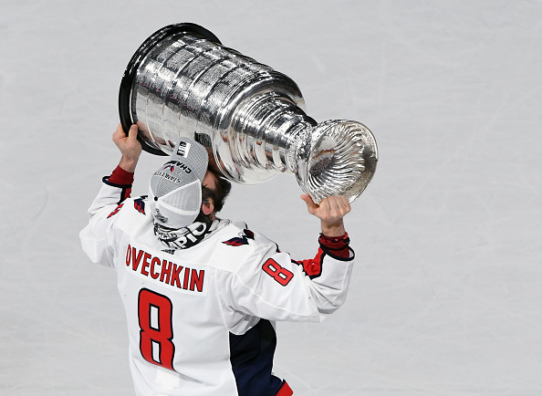 Alex Ovechkin #8 of the Washington Capitals kisses the Stanley Cup after the team's 4-3 win over the Vegas Golden Knights in Game Five of the 2018 NHL Stanley Cup Final at T-Mobile Arena on June 7, 2018 in Las Vegas, Nevada.