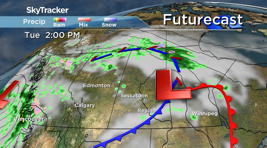 A cold front dropping through Saskatchewan will cool temperatures back on Tuesday.