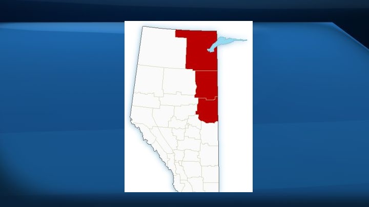 A map of Alberta with areas in red indicating where a heat warning was issued on June 23, 2018.