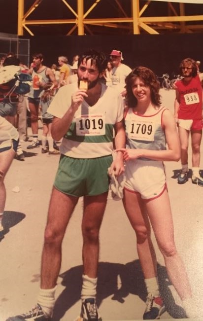 Allan Finkel (left) enjoying a frozen treat after crossing the finish line in 1979.