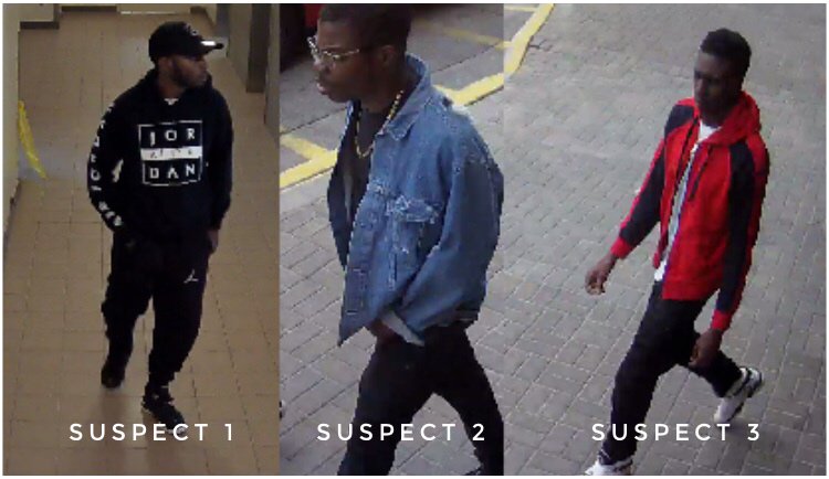 Barrie police are seeking to identify three suspects (above) in connection with a shooting at an apartment building in the city. 