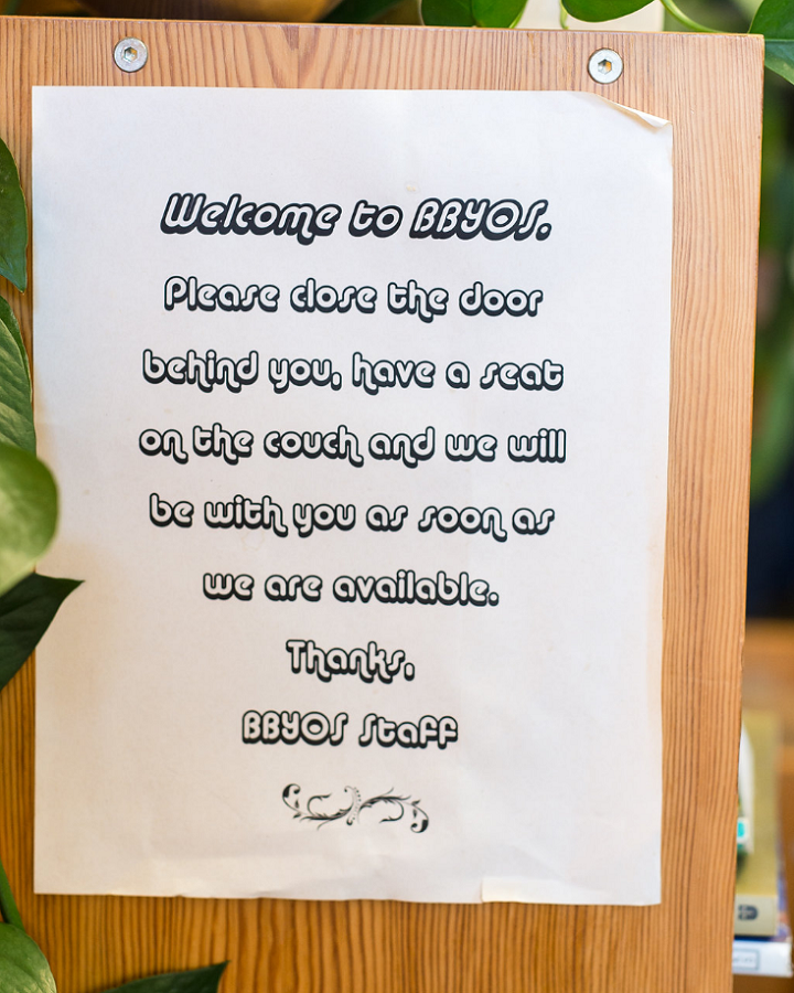 A sign inside BBYOS.