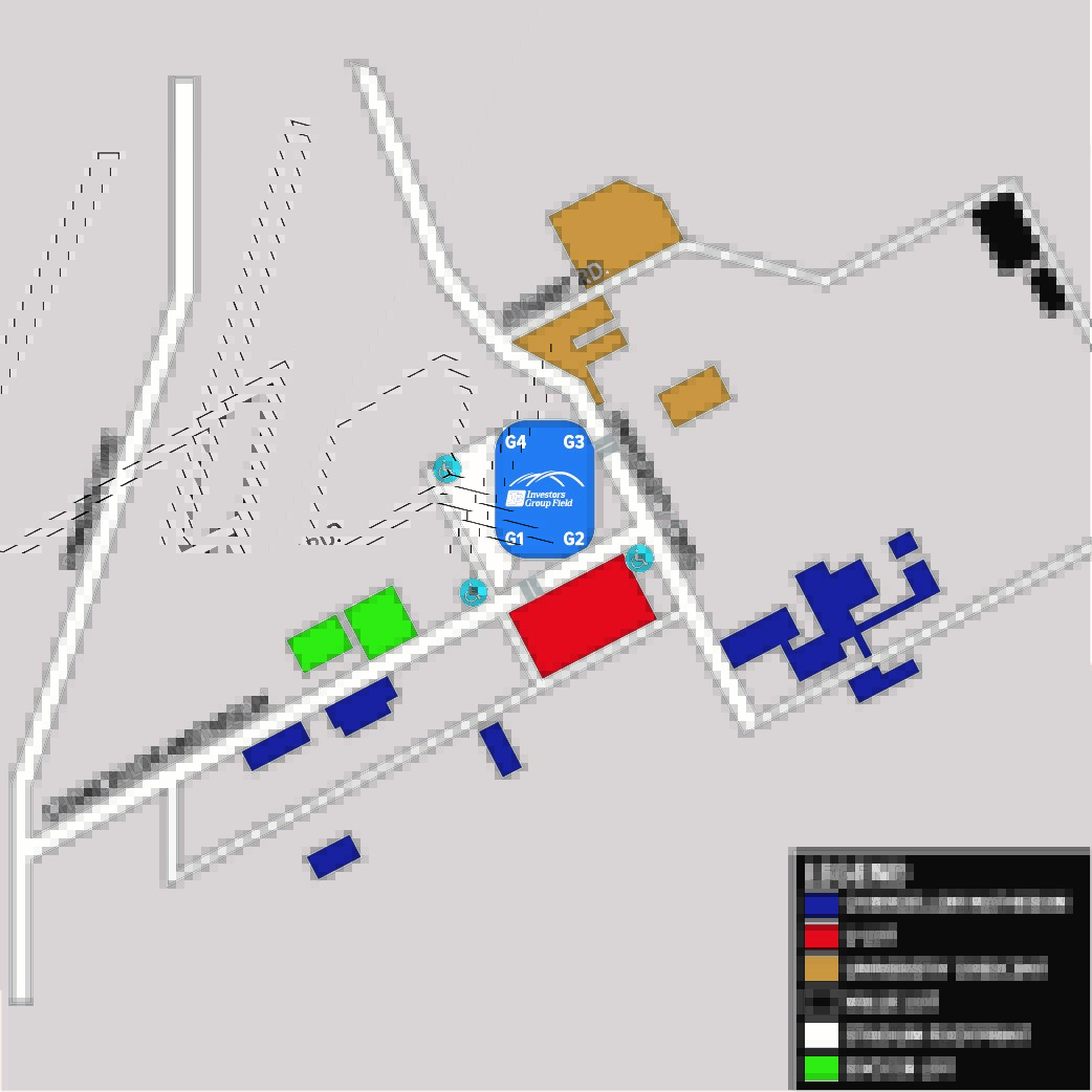 A map of the parking areas at Investors Group Field.