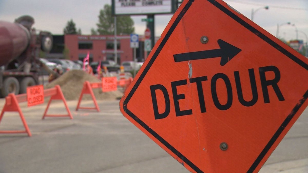 Detour signs are seen on a Calgary street.