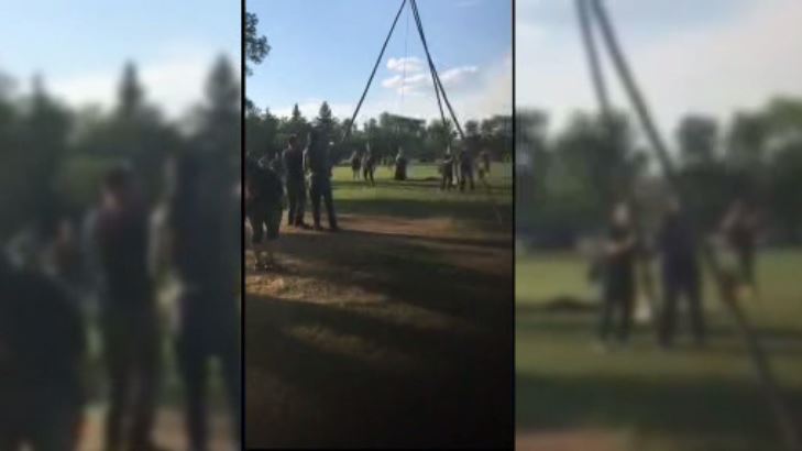 The teepee being set up in Wascana Park on National Indigenous Peoples Day. 