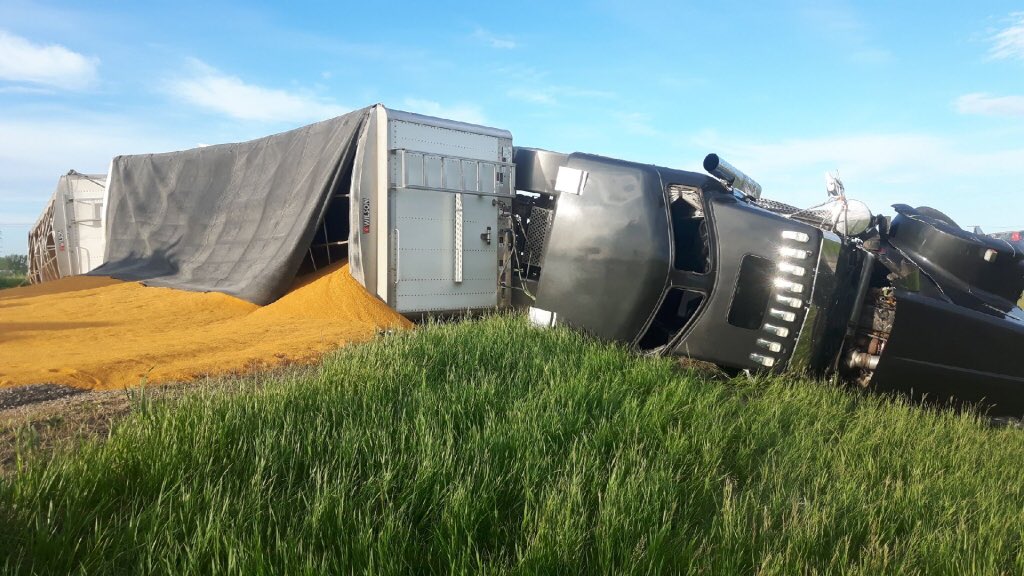 A semi roll-over on Highway 1 east of Balgonie has caused the entire west lane to be blocked.
