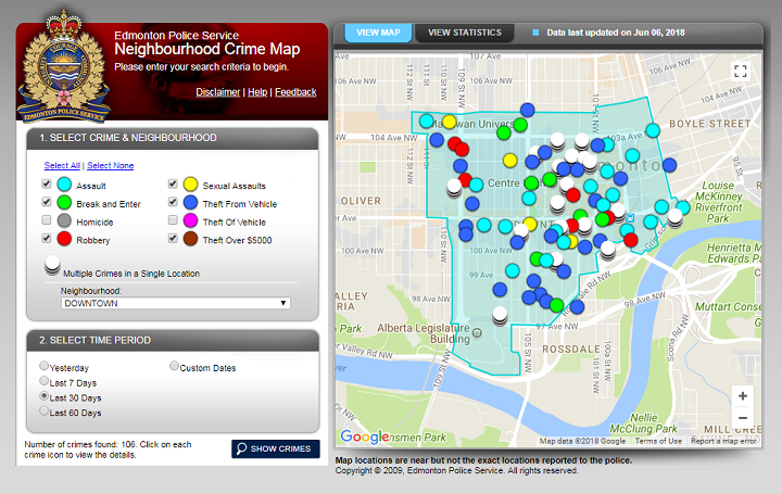 A screenshot of the Edmonton Police Service crime mapping feature.