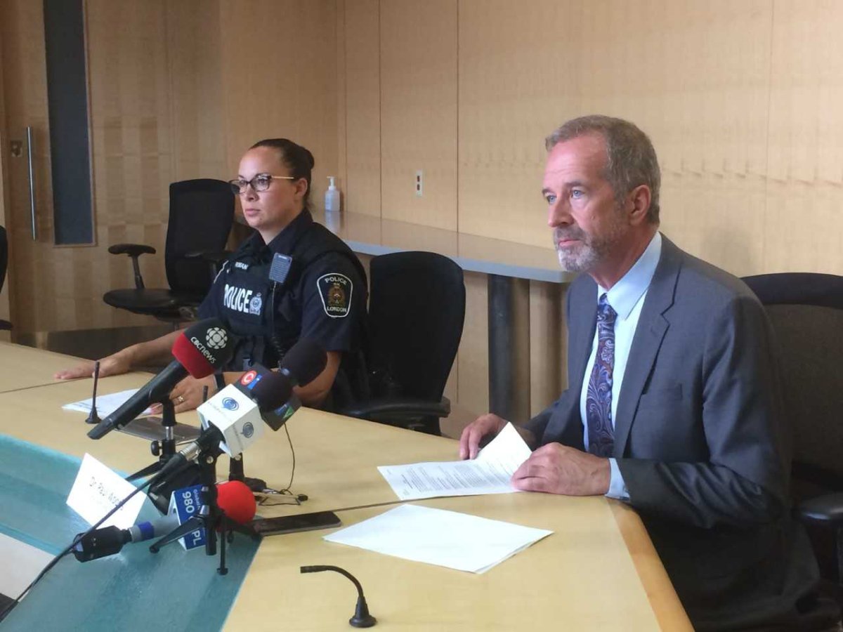 Dr. Paul Woods (right), president and CEO of London Health Sciences Centre, talking to the press June 5, 2018, about Vincent Gauthier 24, who has been an employee with the LHSC since May 2015. He was based at Victoria Hospital until September 2016, at which point he transferred to University Hospital where he was employed as an EEG technician.