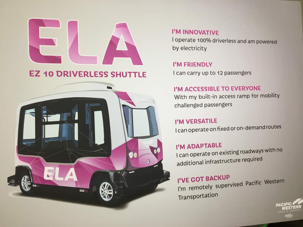 The EasyMile EZ10 driverless shuttle will look like the one shown in this handout.