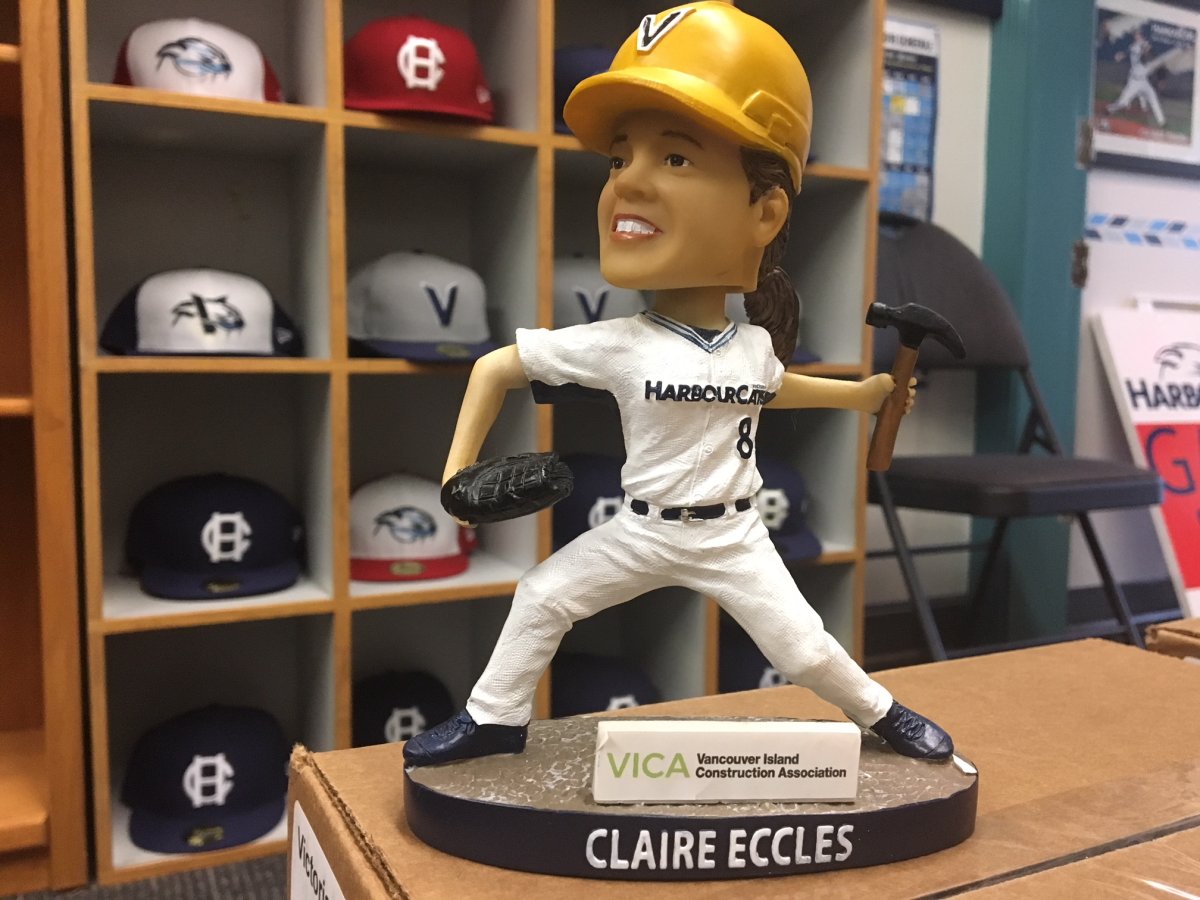 Bobblehead's of trailblazing pitcher Claire Eccles will be handed out at the Victoria HarbourCats game on Sunday. 