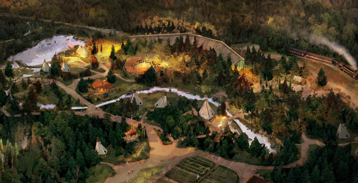 A birdeye's view of the Indigenous Peoples Experience at Fort Edmonton Park.