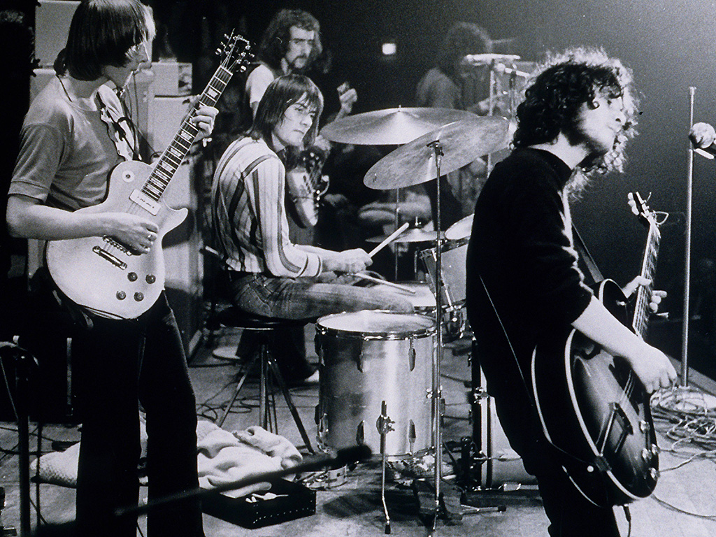 (From L-R:) Danny Kirwan, Mick Fleetwood, John McVie and Jeremy Spencer of Fleetwood Mac perform on stage at the Concertgebouw, Amsterdam, Netherlands, in 1971. 