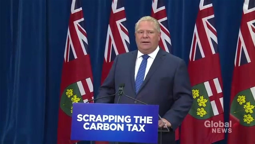 Premier Ford speaking at a press conference about carbon tax.