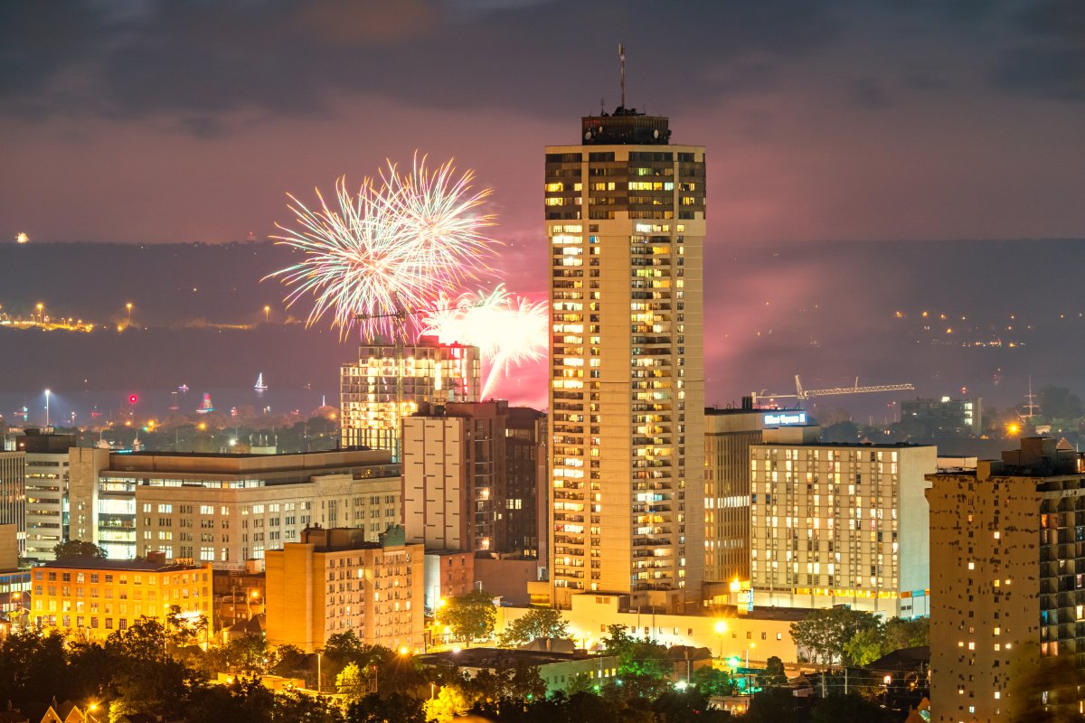 Hamilton's skyline  is seen during Canada Day fireworks.