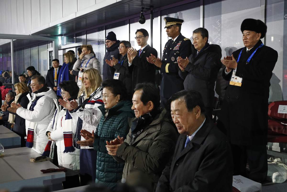 South Korean President Moon Jae-in, from bottom left, first lady Kim Jung-sook, Ivanka Trump, daughter of U.S. President Donald Trump, Chinese Vice Premier Liu Yandong and Kim Yong Chol, vice chairman of North Korea’s ruling Workers’ Party Central Committee applaud as athletes from North and South Korea walk together during the closing ceremony of the 2018 Winter Olympics at PyeongChang Olympic Stadium.