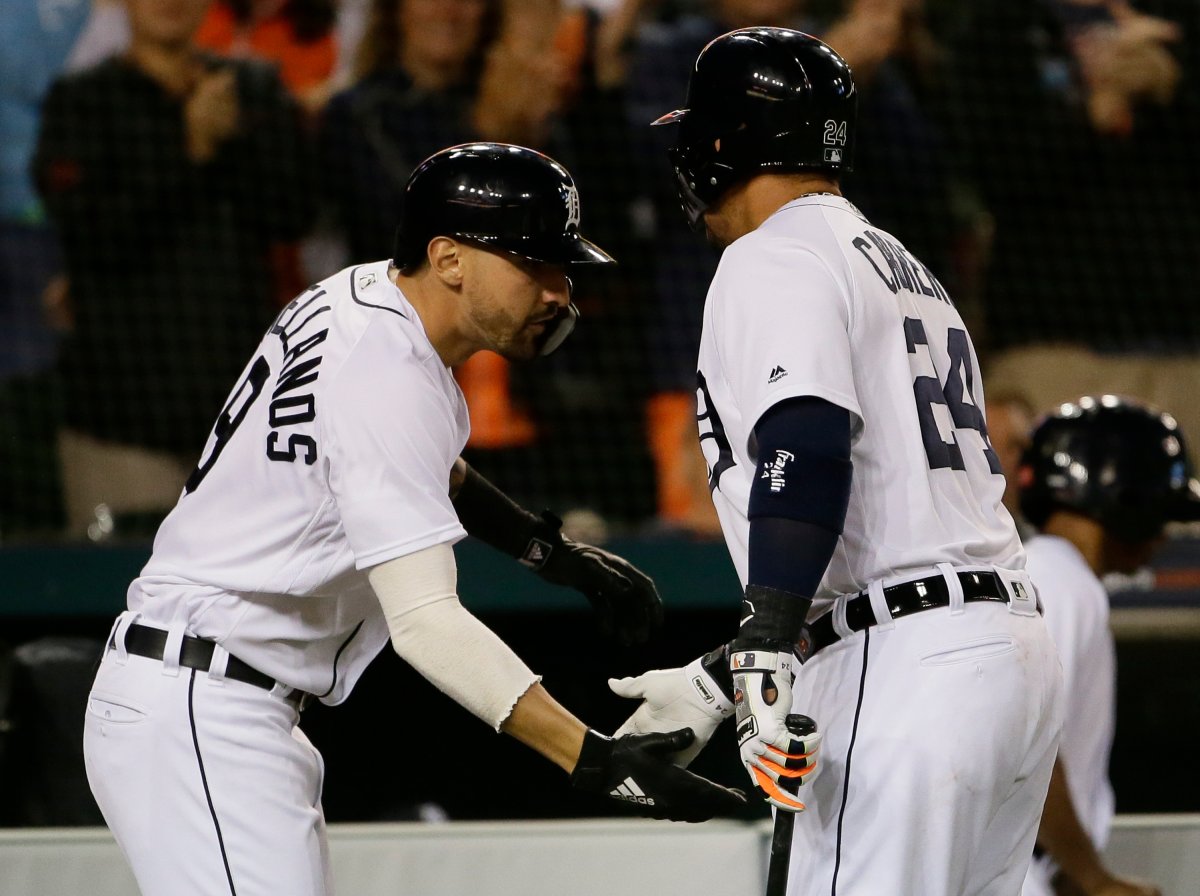 DETROIT, MI - JUNE 1:  Nicholas Castellanos #9 of the Detroit Tigers celebrates his solo home run against the Toronto Blue Jays with Miguel Cabrera #24 of the Detroit Tigers during the seventh inning at Comerica Park on June 1, 2018 in Detroit, Michigan. The Tigers defeated the Blue Jays 5-2. 