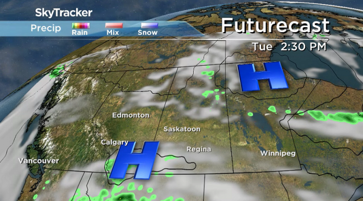 High pressure keeps skies mostly sunny in a slot over central Saskatchewan on Tuesday.